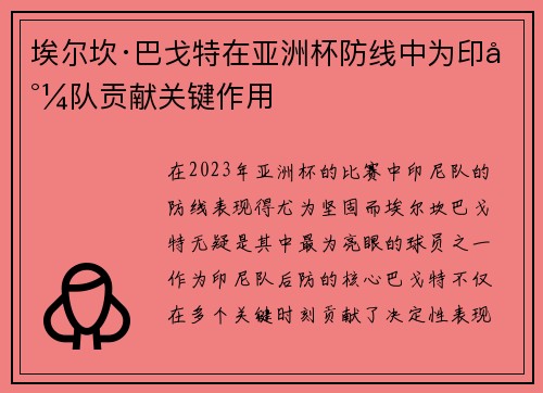 埃尔坎·巴戈特在亚洲杯防线中为印尼队贡献关键作用