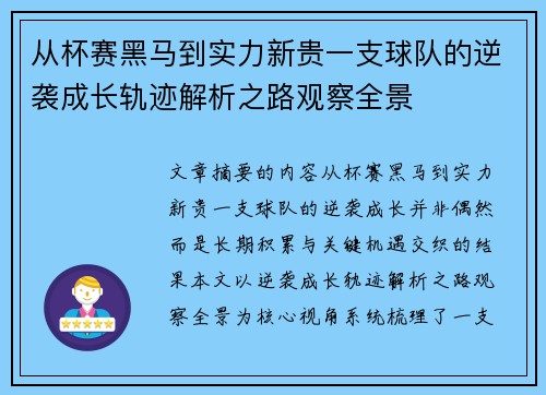 从杯赛黑马到实力新贵一支球队的逆袭成长轨迹解析之路观察全景
